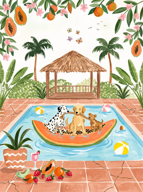 Poolside Dogs Tropical Getaway Wall Art Decor