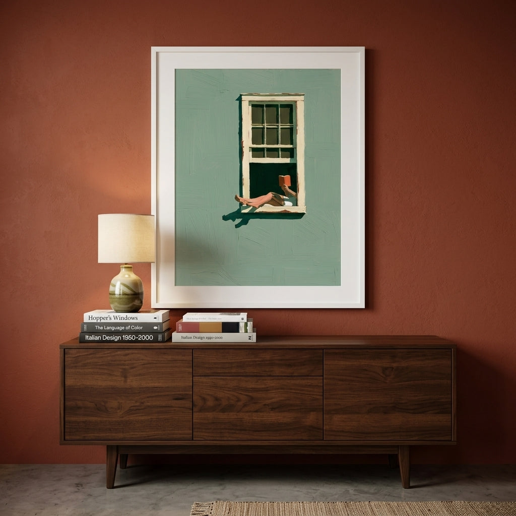 A framed art print featuring a surreal illustration of a woman sitting on a window sill, displayed on a dark wood console table against a terracotta wall.