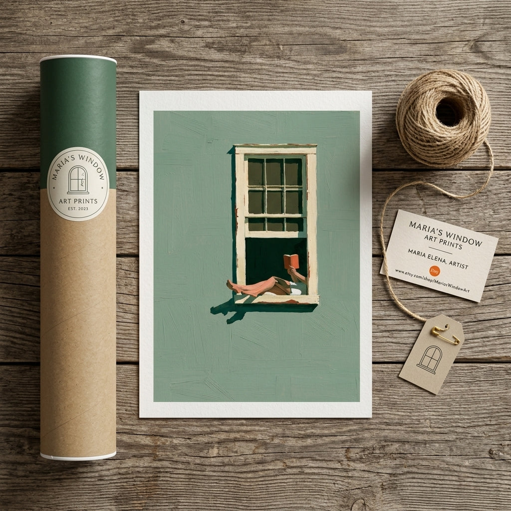 An art print titled 'Maria's Window' is displayed on a rustic wooden background alongside its packaging (a green and kraft paper tube), a spool of twine, and a branded business card.