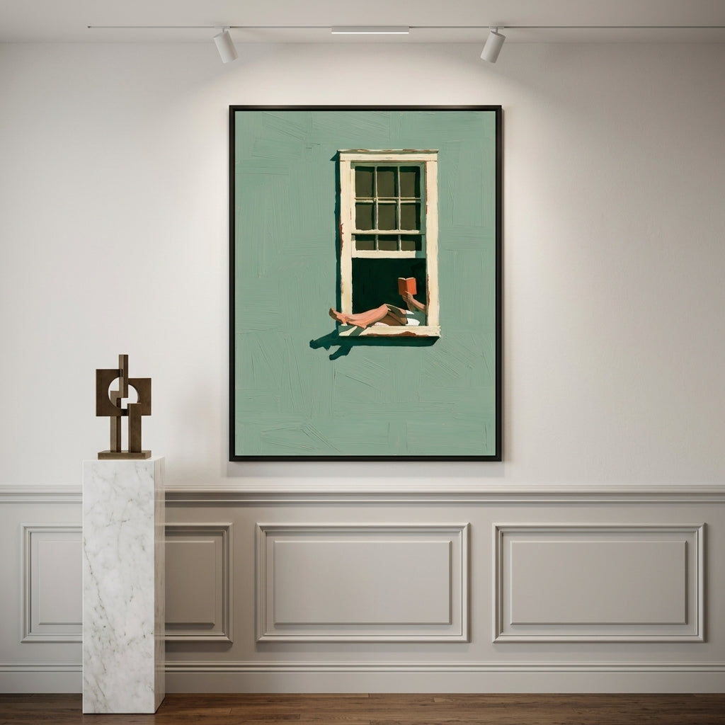 A framed art print featuring a woman's legs extending out of a window on a muted green background, displayed on a white paneled wall in a gallery setting next to a marble pedestal with a sculpture.