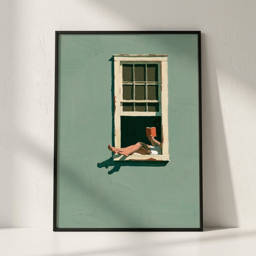 A framed art print leaning against a white wall. The print features a stylized illustration of a person's legs and hand holding an orange book, resting by an open window on a sage green background.