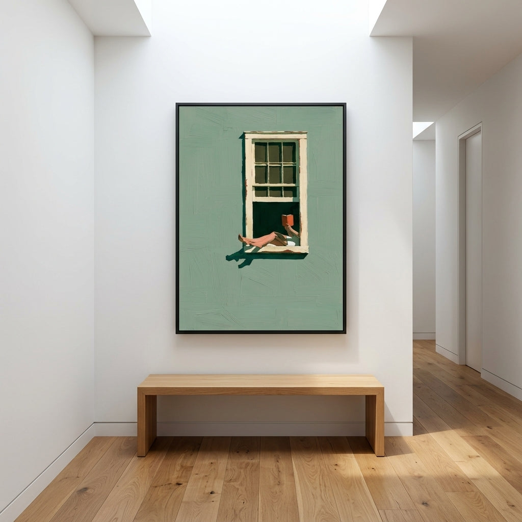 A framed art print featuring a woman's legs stretching out of a window with a green background, displayed on a white wall above a light wood bench in a modern hallway.