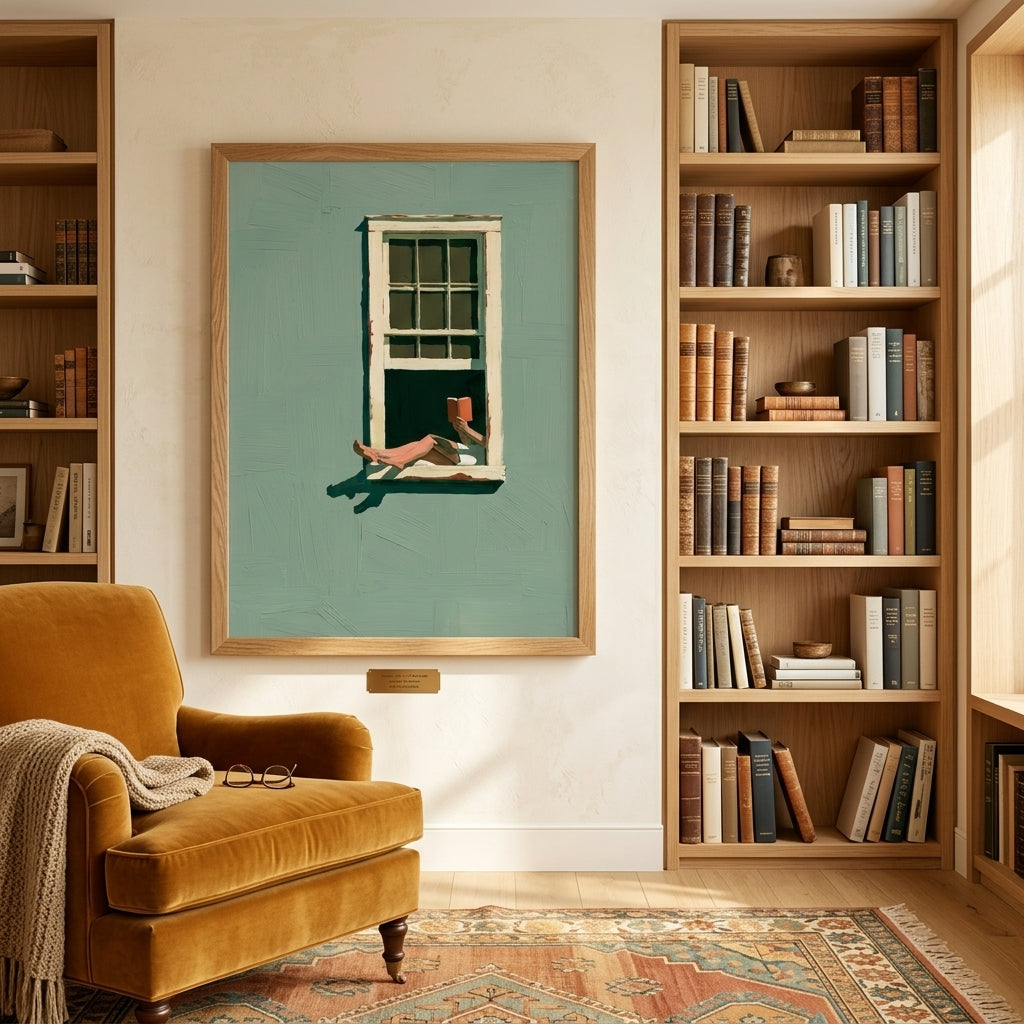 A framed art print depicting a figure's legs resting on a window sill against a teal background, hung on a cream wall in a cozy room with wooden bookshelves and a mustard yellow armchair.