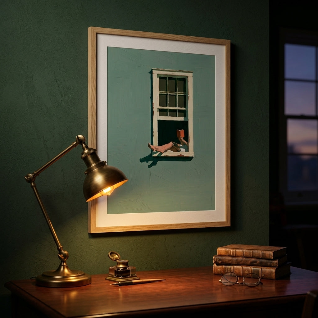 A framed art print featuring a surreal illustration of a person's legs stretching out of a window, displayed on a dark green wall above a wooden desk with a brass lamp and books.