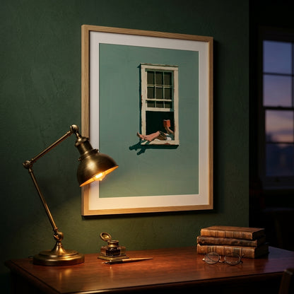 A framed art print featuring a surreal illustration of a person's legs stretching out of a window, displayed on a dark green wall above a wooden desk with a brass lamp and books.