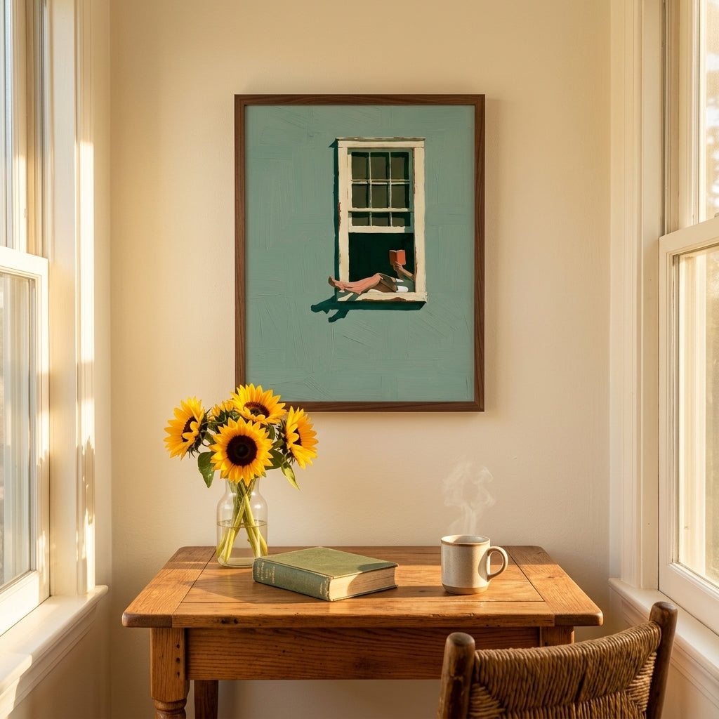 A framed art print depicting a woman's legs resting on a window sill, hung on a beige wall above a wooden desk with sunflowers and a mug.