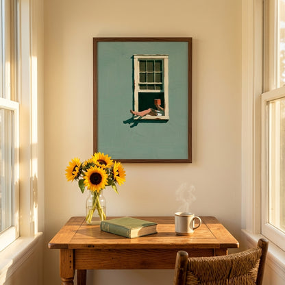 A framed art print depicting a woman's legs resting on a window sill, hung on a beige wall above a wooden desk with sunflowers and a mug.