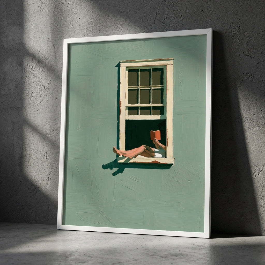 A framed art print leaning against a textured gray concrete wall. The print features a minimalist illustration of a person's legs and feet resting on a windowsill holding an orange book, set against a muted sage green background.