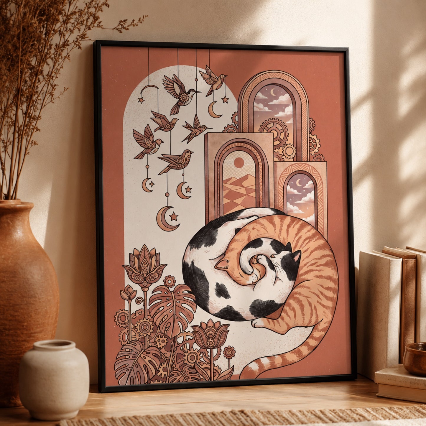 Sleeping Cat Boho Arches Wall Art Decor preview 2