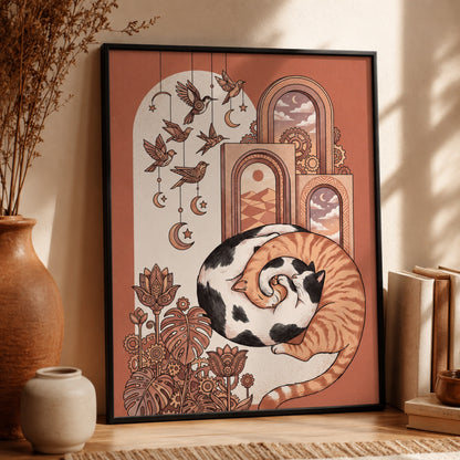 Sleeping Cat Boho Arches Wall Art Decor preview 2