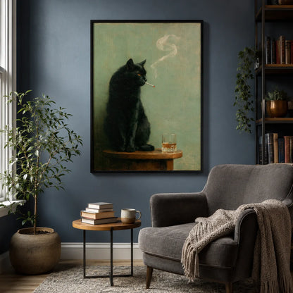 Smoking Black Cat Whiskey Wall Art Decor - Wall Art Decor - alternate angle