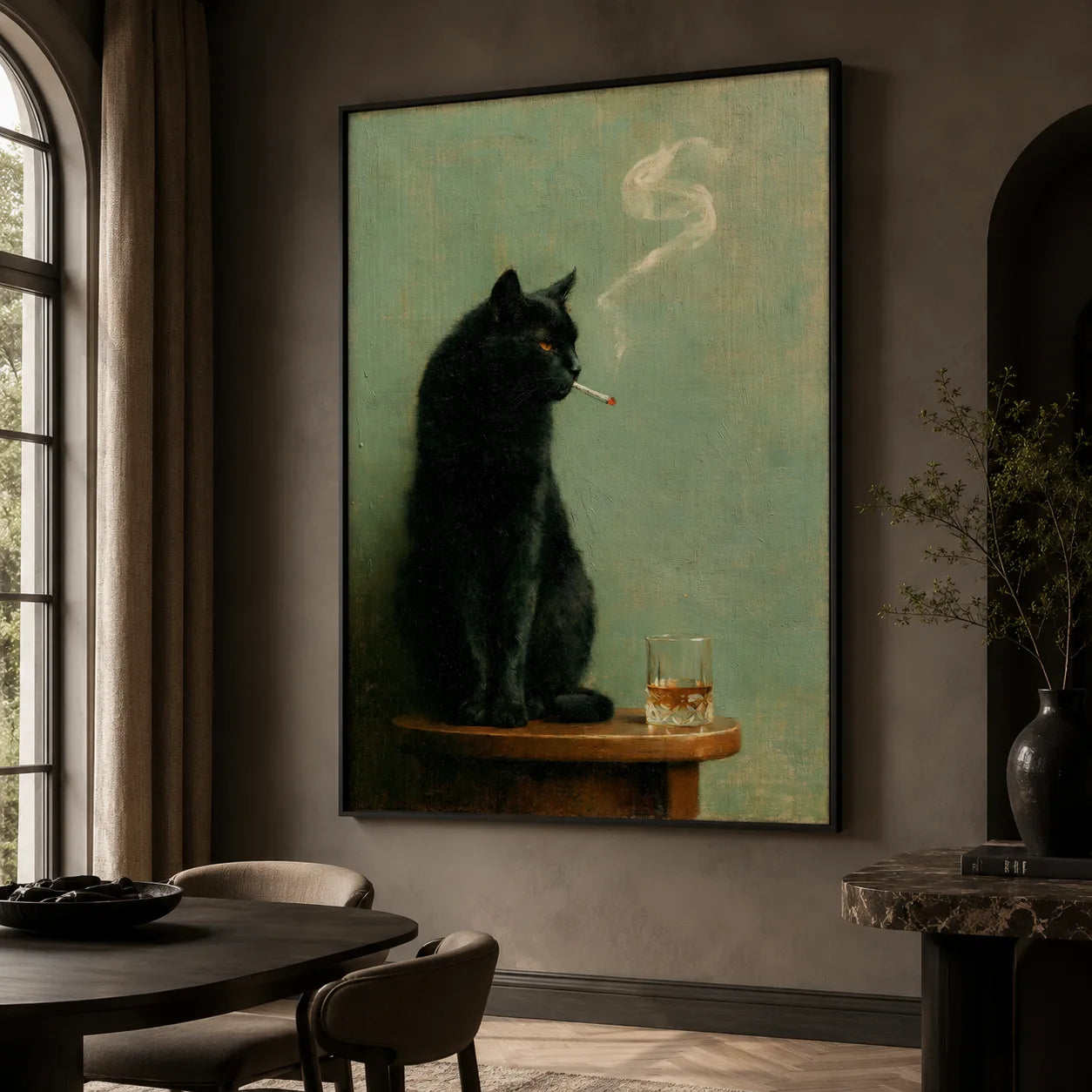 Smoking Black Cat Whiskey Wall Art Decor - Wall Art Decor - close up