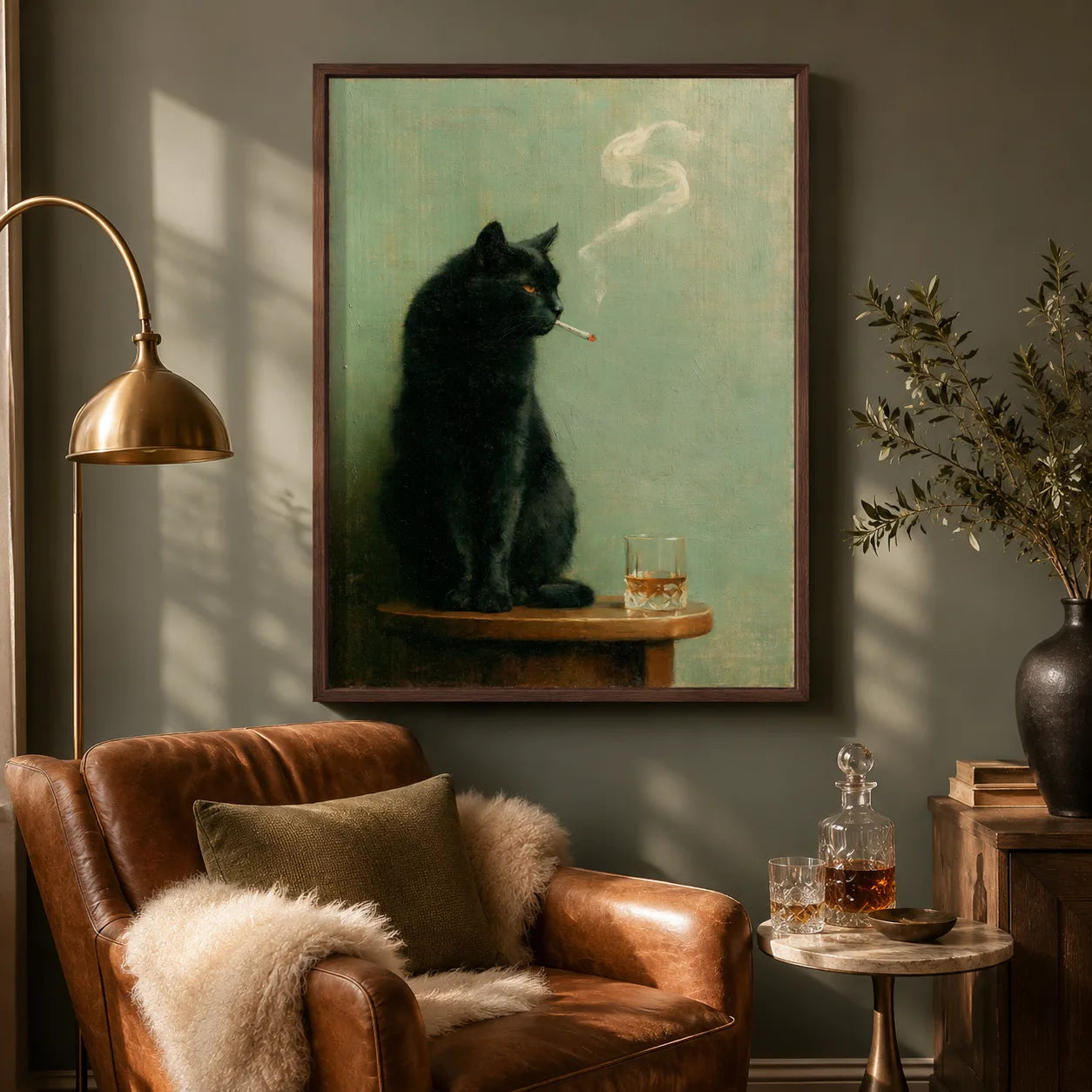 Smoking Black Cat Whiskey Wall Art Decor - Wall Art Decor - in use