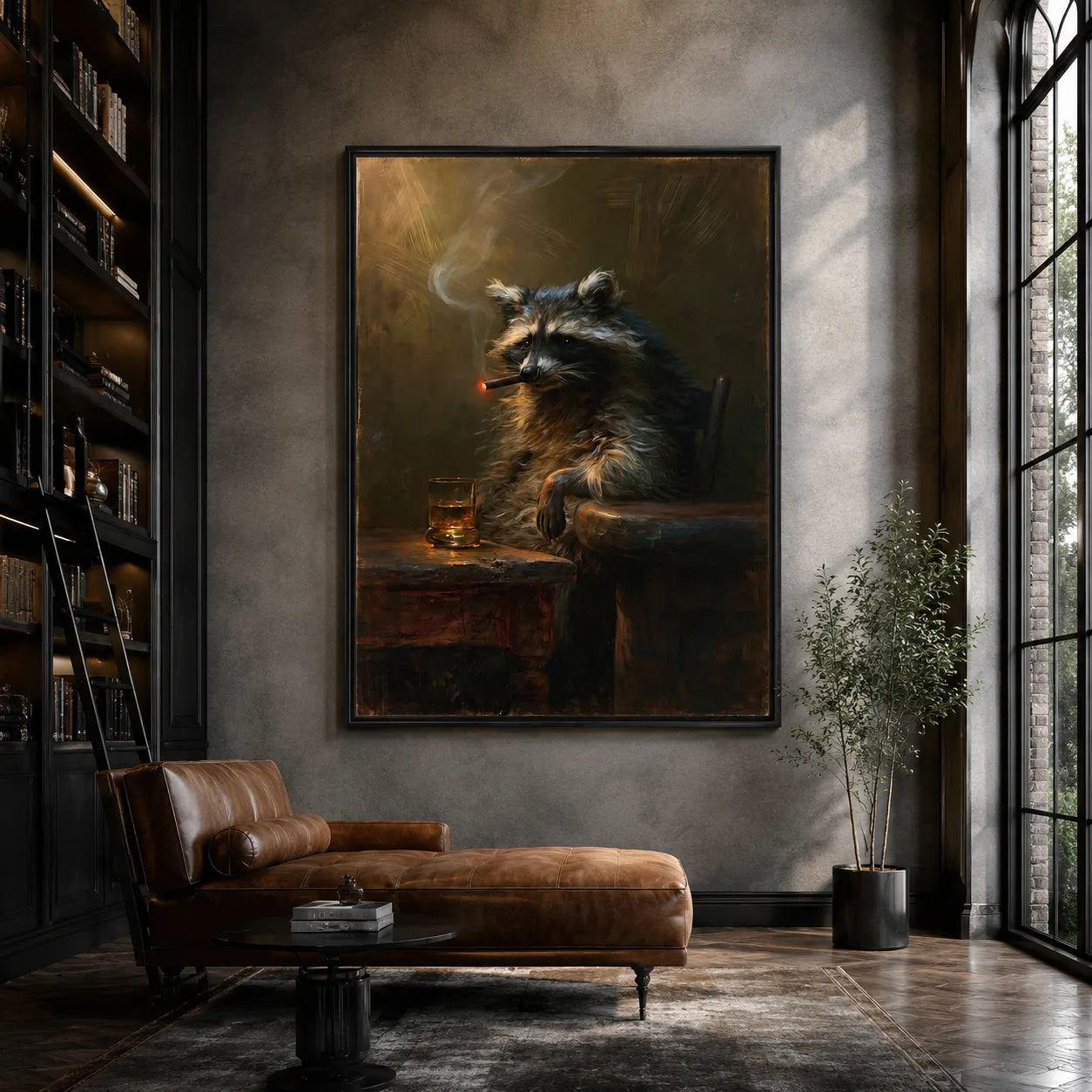Smoking Raccoon Whiskey Wall Art Decor - Wall Art Decor - close up