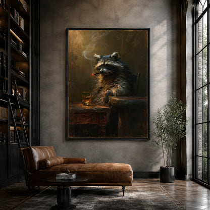 Smoking Raccoon Whiskey Wall Art Decor - Wall Art Decor - close up