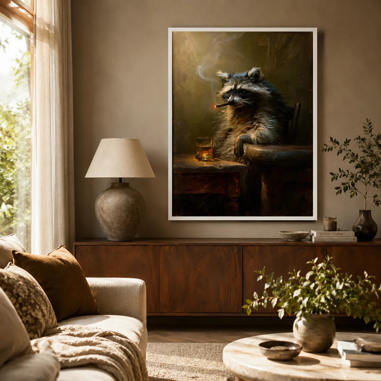 Smoking Raccoon Whiskey Wall Art Decor - Wall Art Decor - in use