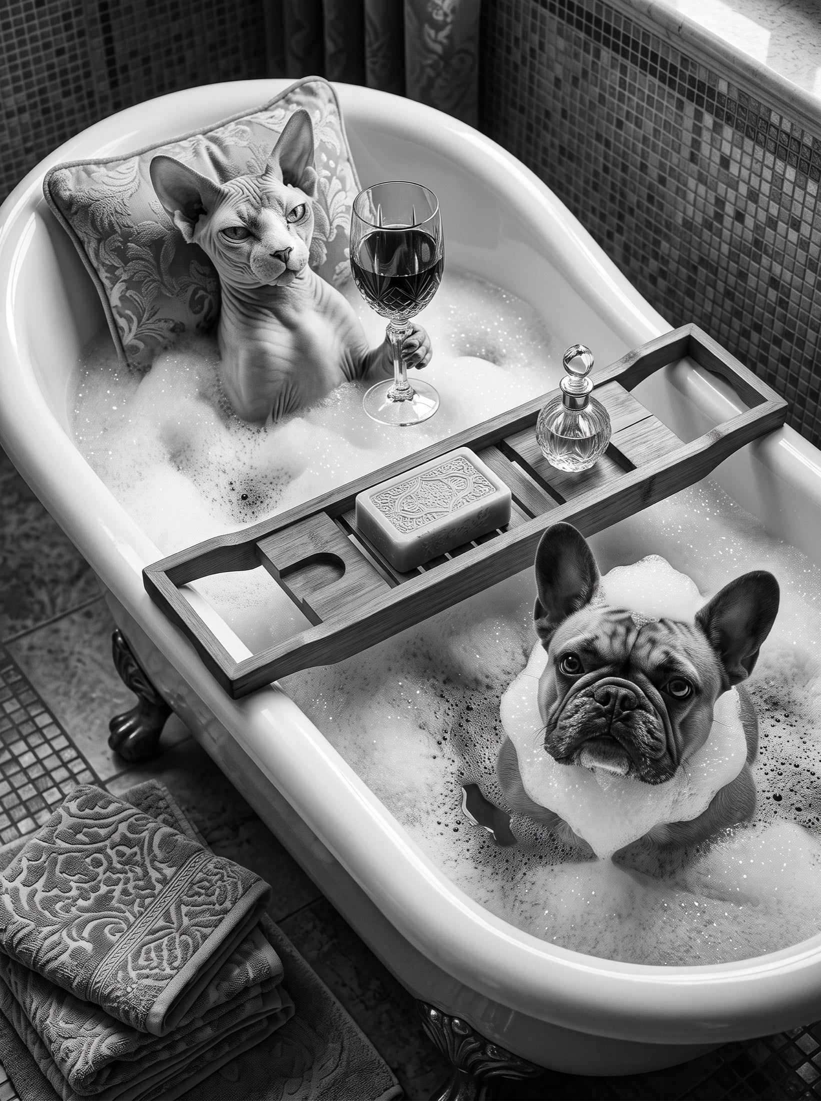 Sphynx and Frenchie Spa Bath Wall Art Decor