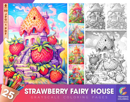 25 Strawberry Fairy Houses Grayscale Coloring Pages - Instant Download - Printable PDF Dark/Light