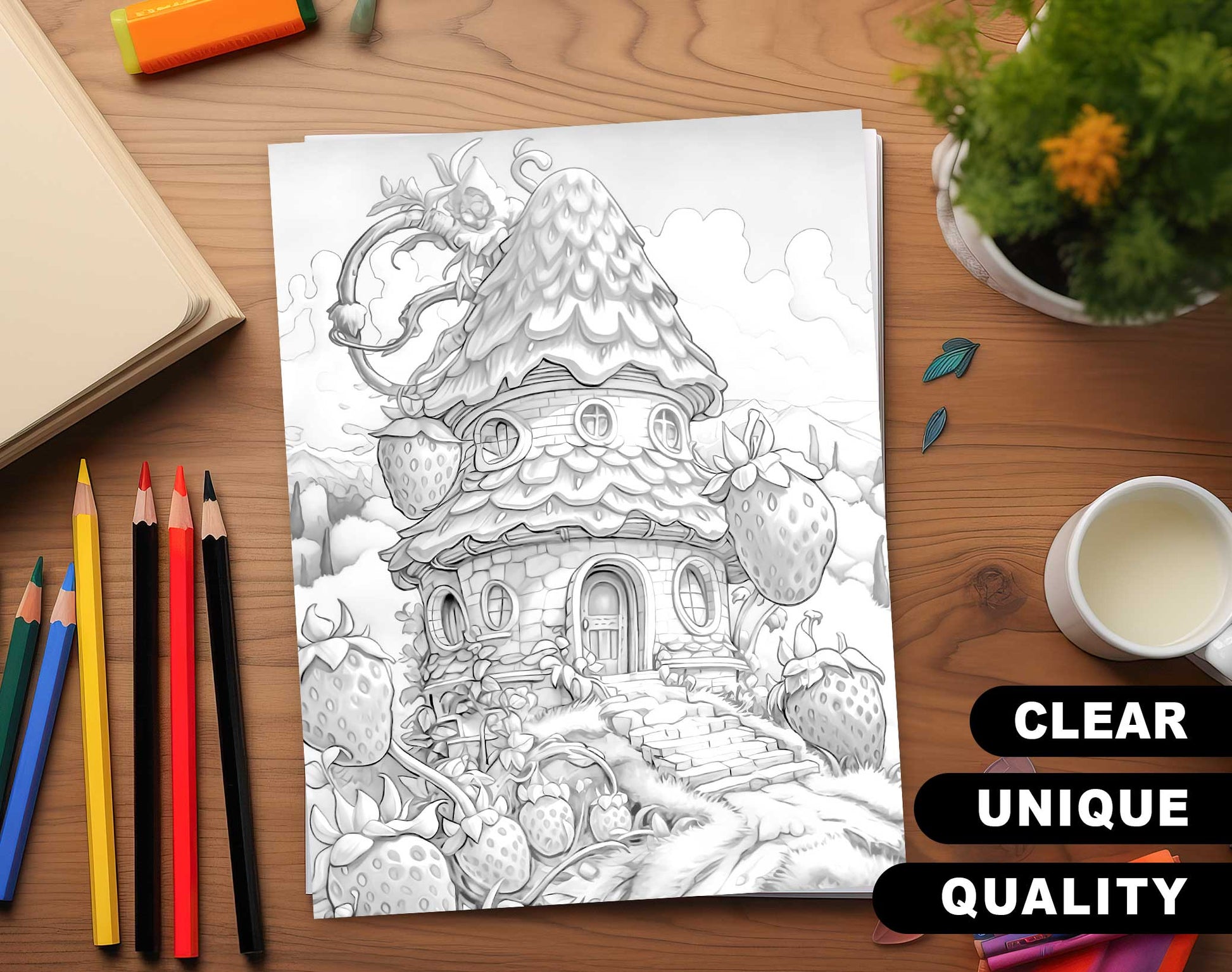 25 Strawberry Fairy Houses Grayscale Coloring Pages - Instant Download - Printable PDF Dark/Light – preview 3