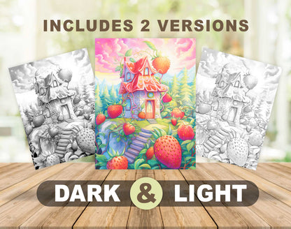 25 Strawberry Fairy Houses Grayscale Coloring Pages - Instant Download - Printable PDF Dark/Light – preview 4