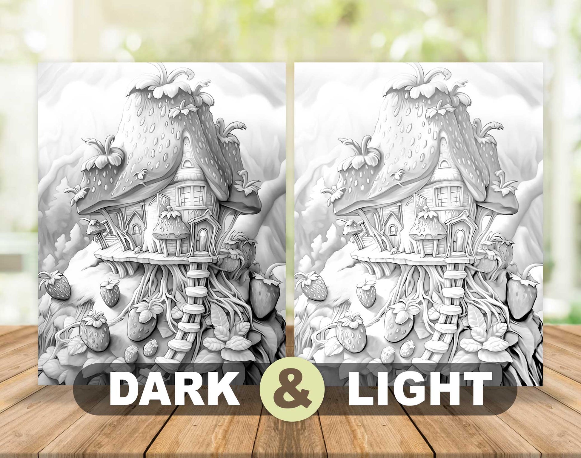 25 Strawberry Fairy Houses Grayscale Coloring Pages - Instant Download - Printable PDF Dark/Light – preview 5