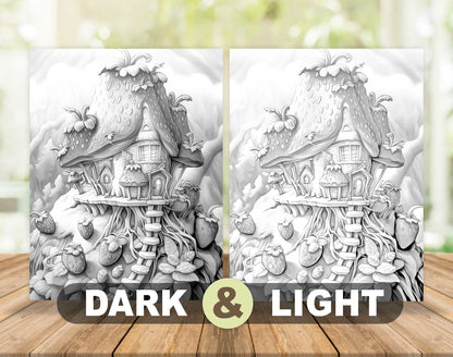 25 Strawberry Fairy Houses Grayscale Coloring Pages - Instant Download - Printable PDF Dark/Light – preview 5