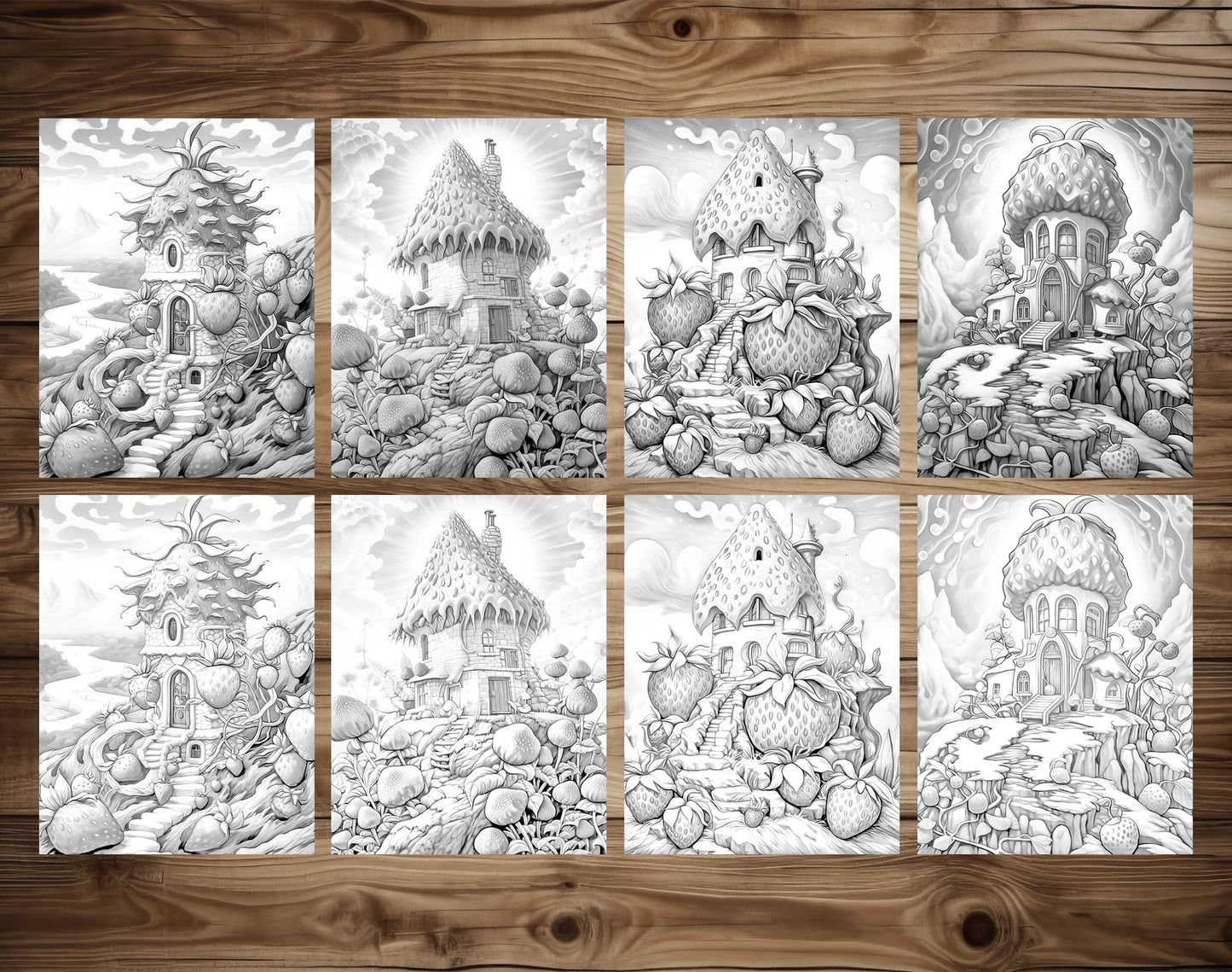 25 Strawberry Fairy Houses Grayscale Coloring Pages - Instant Download - Printable PDF Dark/Light – preview 6