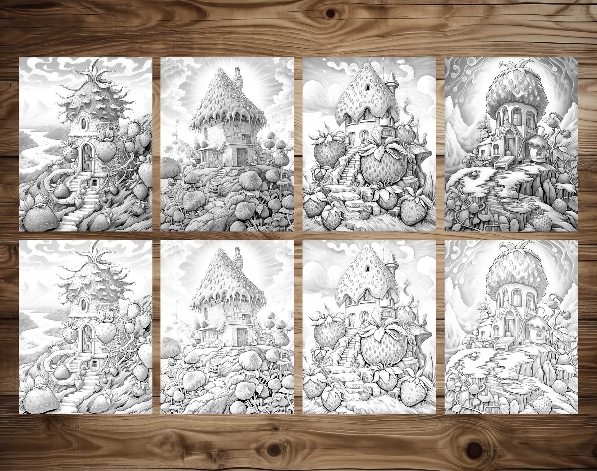 25 Strawberry Fairy Houses Grayscale Coloring Pages - Instant Download - Printable PDF Dark/Light – preview 6