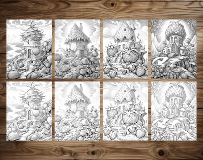 25 Strawberry Fairy Houses Grayscale Coloring Pages - Instant Download - Printable PDF Dark/Light – preview 6