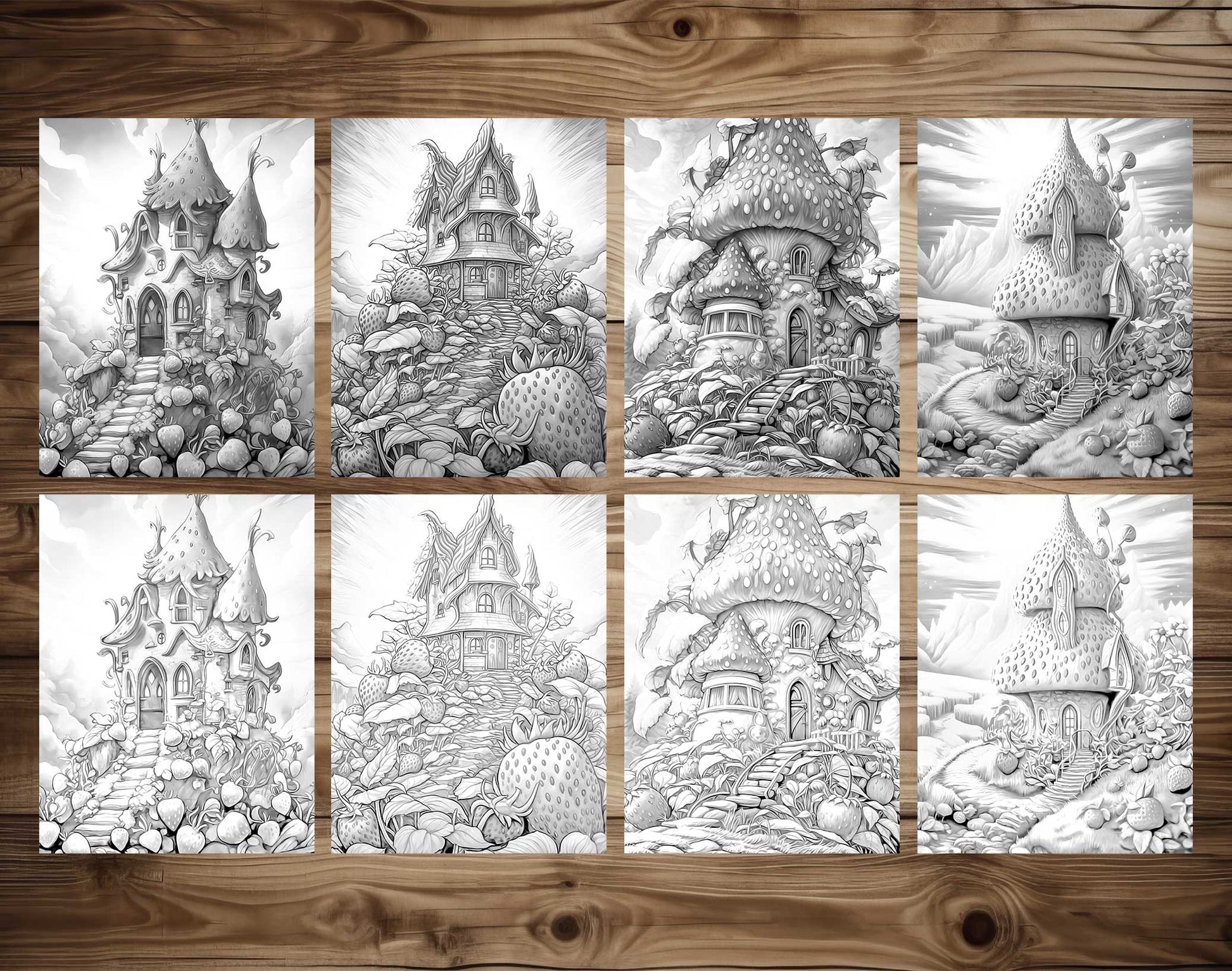 25 Strawberry Fairy Houses Grayscale Coloring Pages - Instant Download - Printable PDF Dark/Light – preview 7