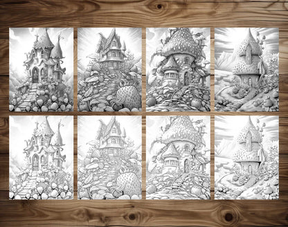 25 Strawberry Fairy Houses Grayscale Coloring Pages - Instant Download - Printable PDF Dark/Light – preview 7