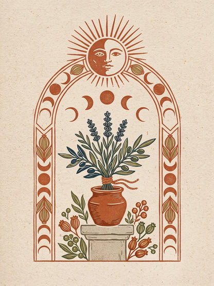 Sun and Moon Lavender Linocut Wall Art Decor