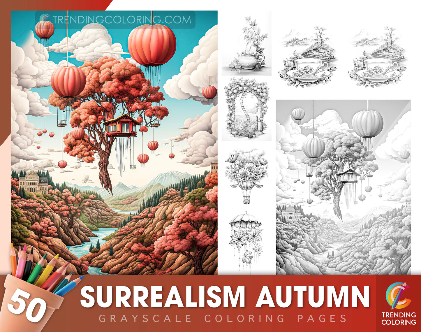 50 Surrealism Autumn Grayscale Coloring Pages - Instant Download - Printable PDF Dark/Light