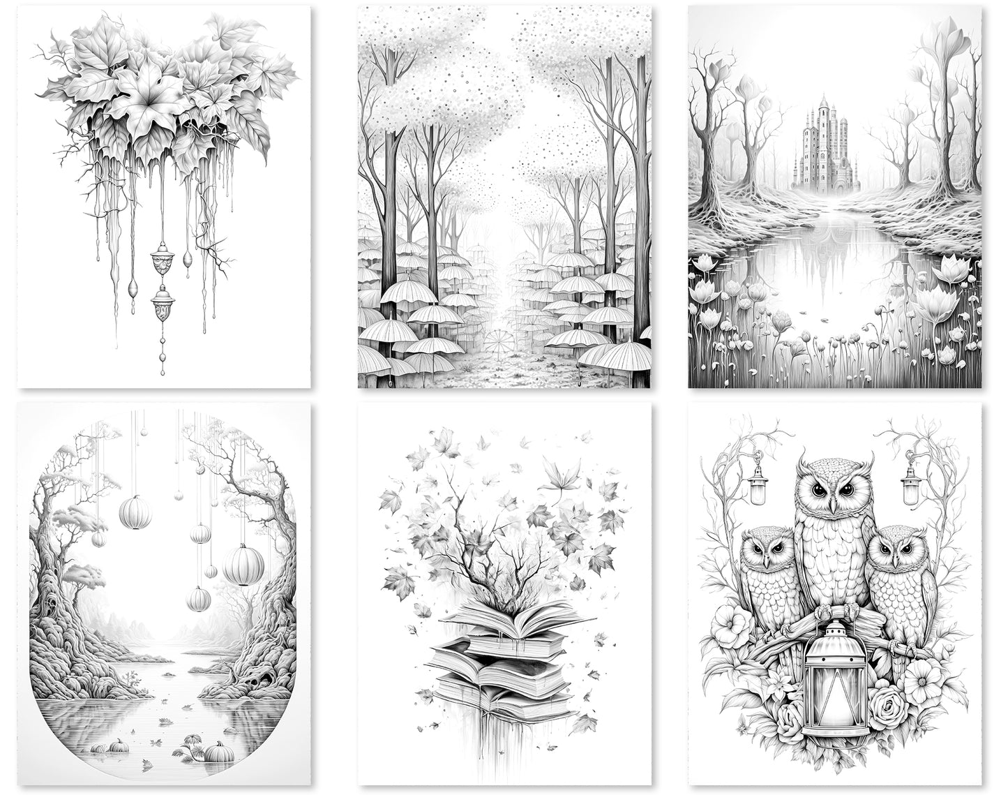 50 Surrealism Autumn Grayscale Coloring Pages - Instant Download - Printable PDF Dark/Light – preview 5