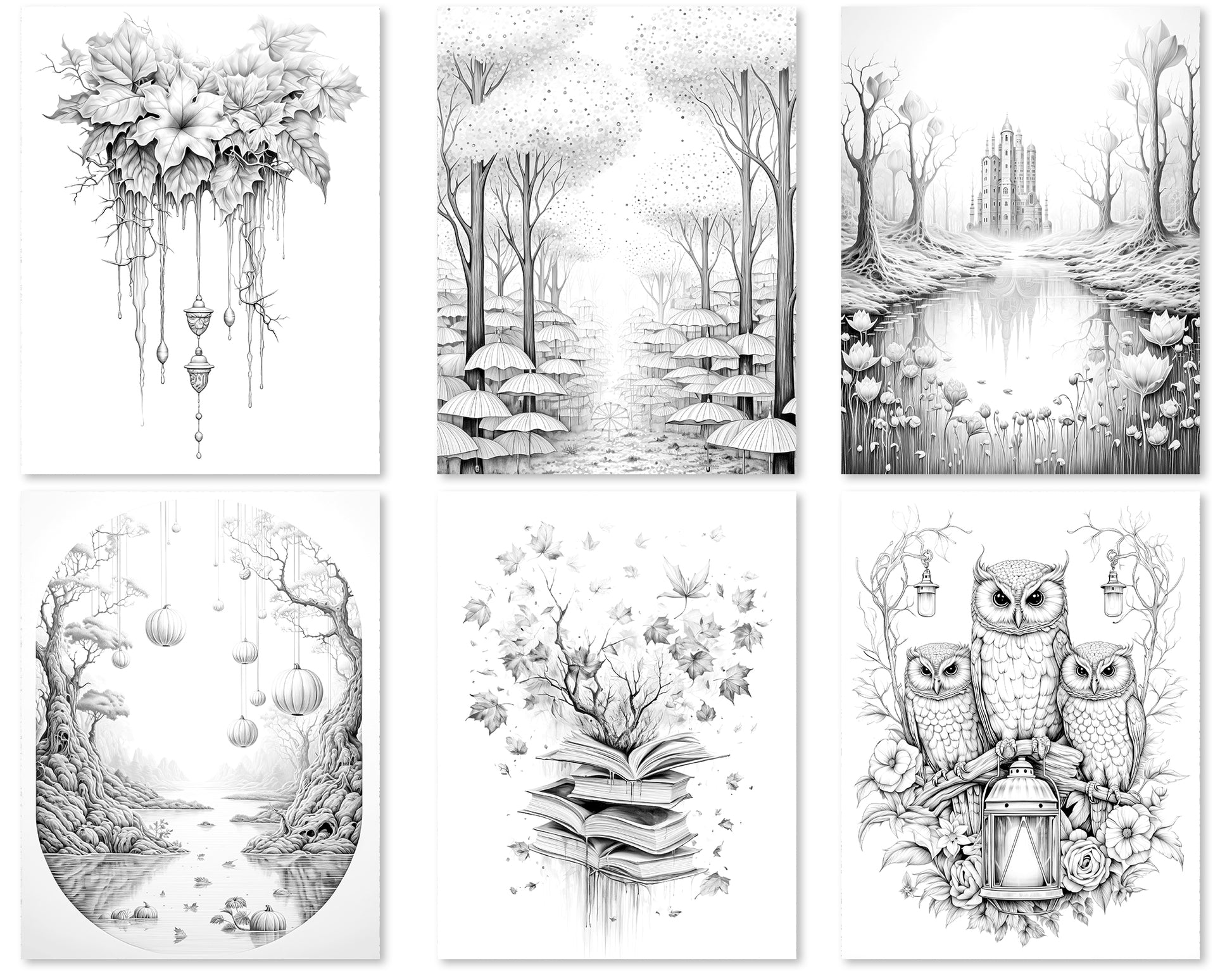 50 Surrealism Autumn Grayscale Coloring Pages - Instant Download - Printable PDF Dark/Light – preview 5