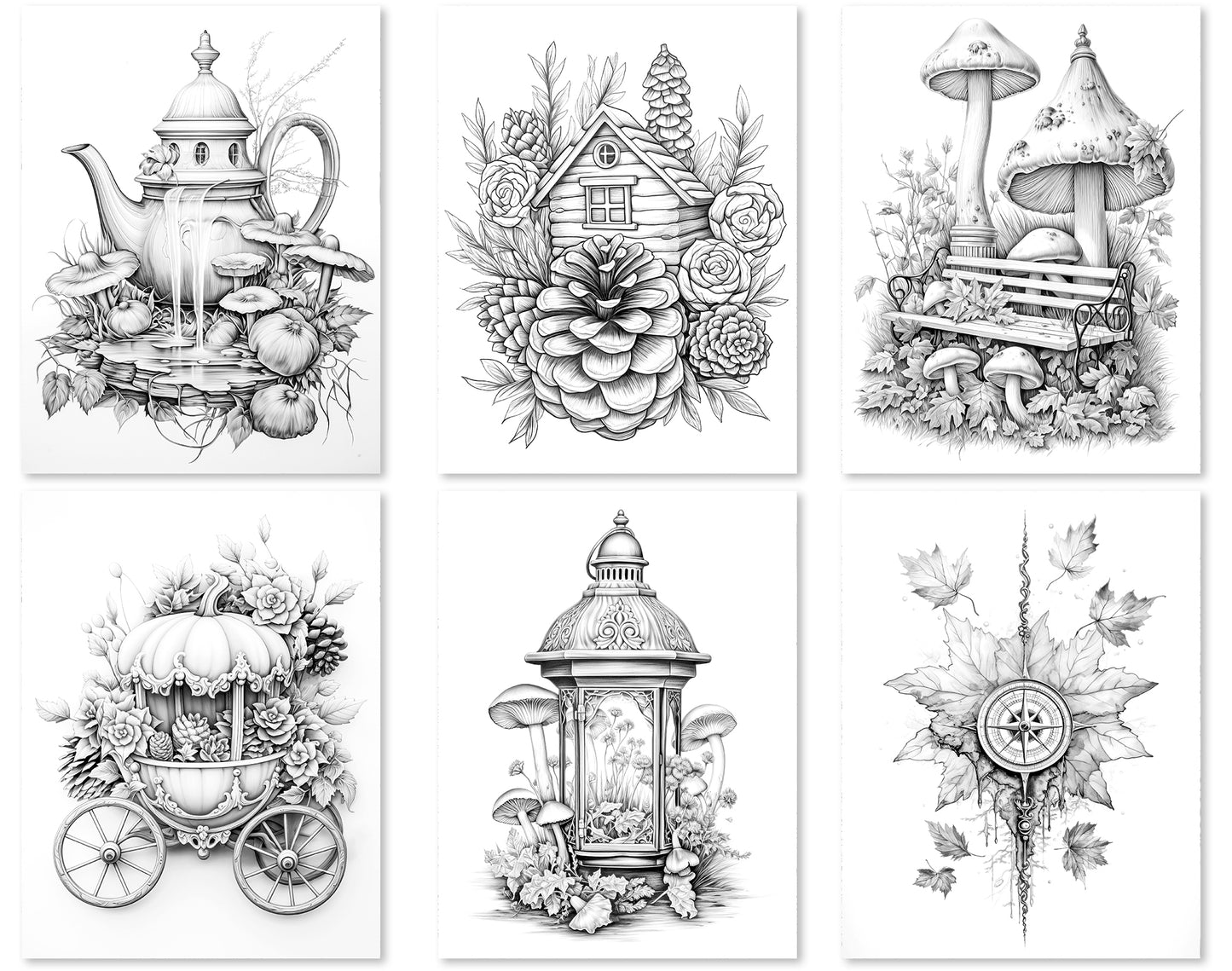 50 Surrealism Autumn Grayscale Coloring Pages - Instant Download - Printable PDF Dark/Light – preview 7