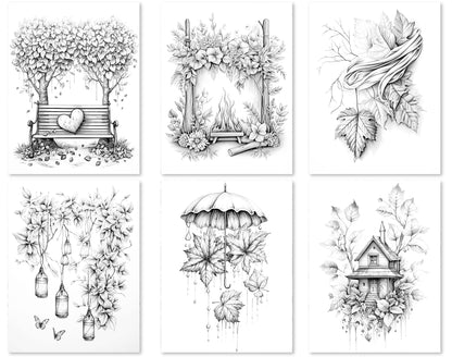 50 Surrealism Autumn Grayscale Coloring Pages - Instant Download - Printable PDF Dark/Light – preview 8