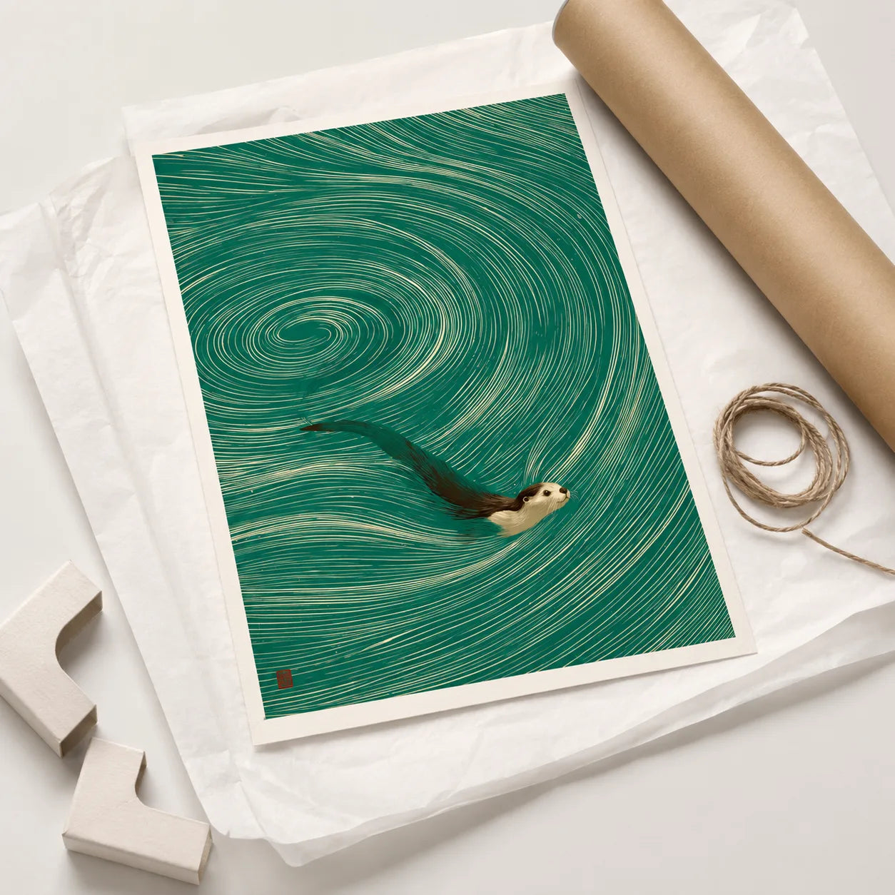Swimming Otter Swirl Wall Art Decor - Wall Art Decor - back view