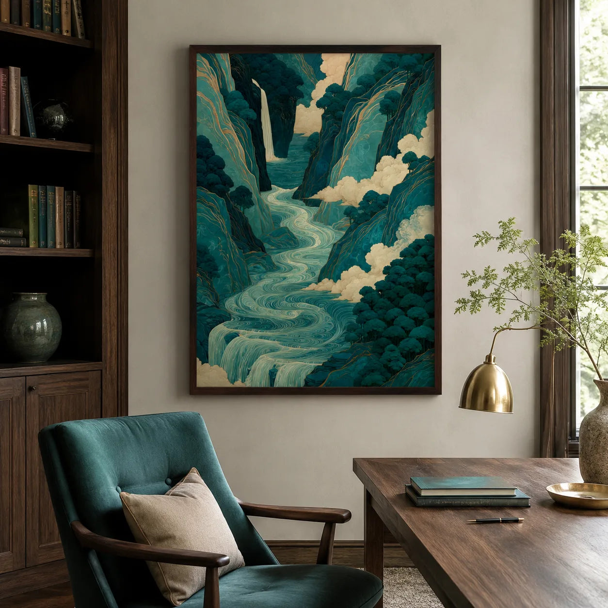 Teal Mountain Waterfall Wall Art Decor - Wall Art Decor - alternate angle