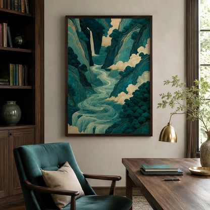 Teal Mountain Waterfall Wall Art Decor - Wall Art Decor - alternate angle