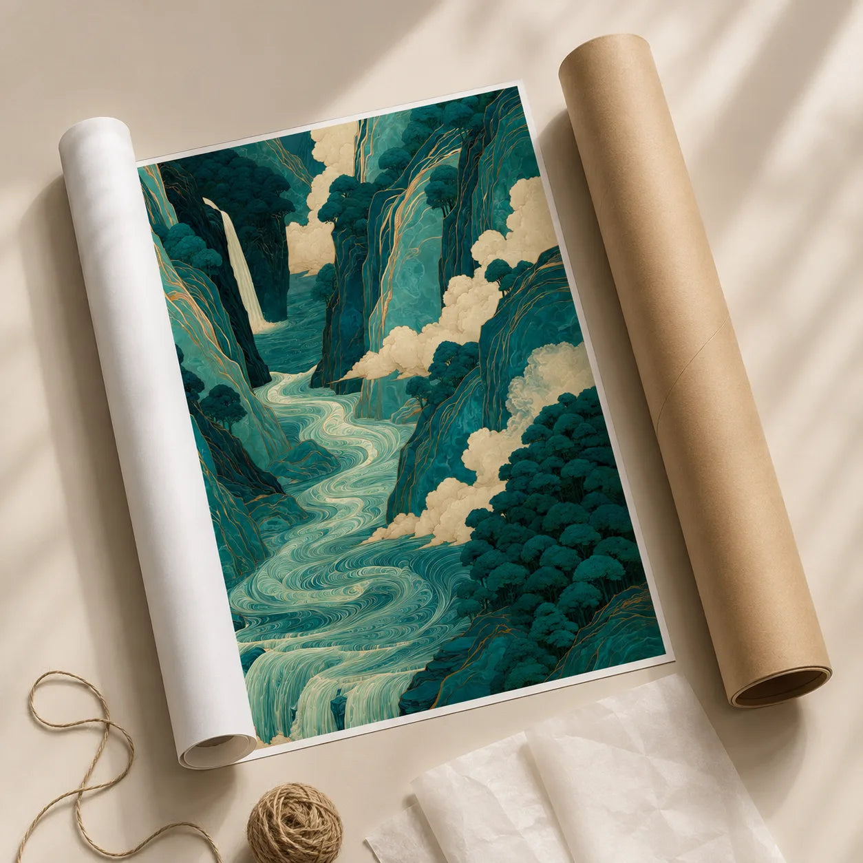 Teal Mountain Waterfall Wall Art Decor - Wall Art Decor - back view