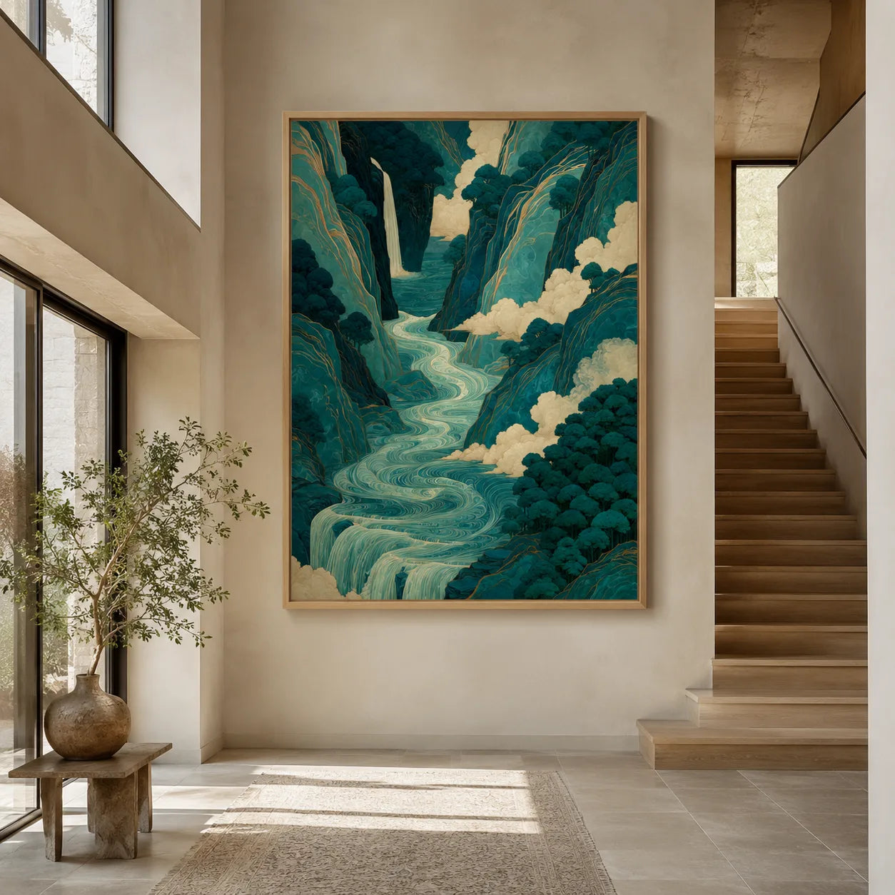 Teal Mountain Waterfall Wall Art Decor - Wall Art Decor - close up