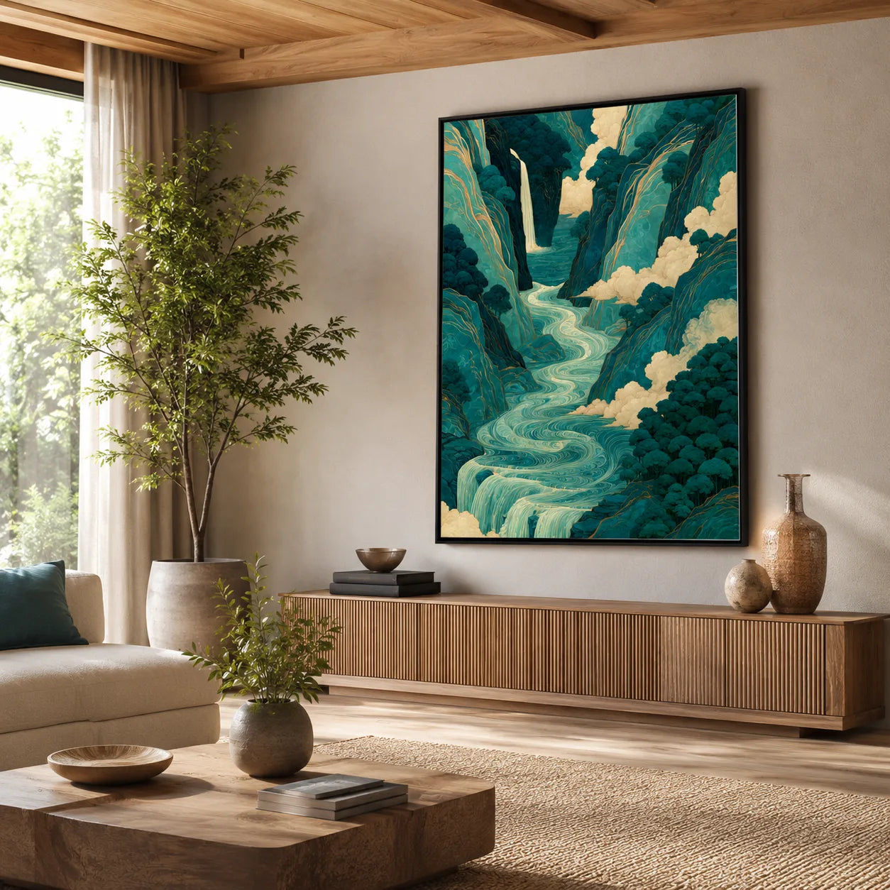 Teal Mountain Waterfall Wall Art Decor - Wall Art Decor - detail