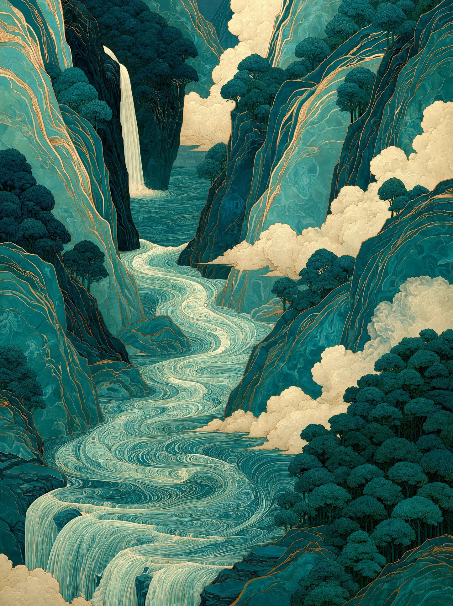 Teal Mountain Waterfall Wall Art Decor - Wall Art Decor - front view