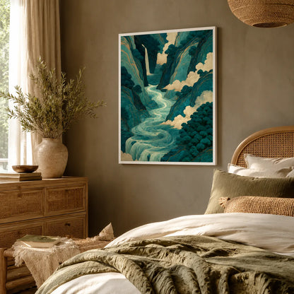 Teal Mountain Waterfall Wall Art Decor - Wall Art Decor - in use