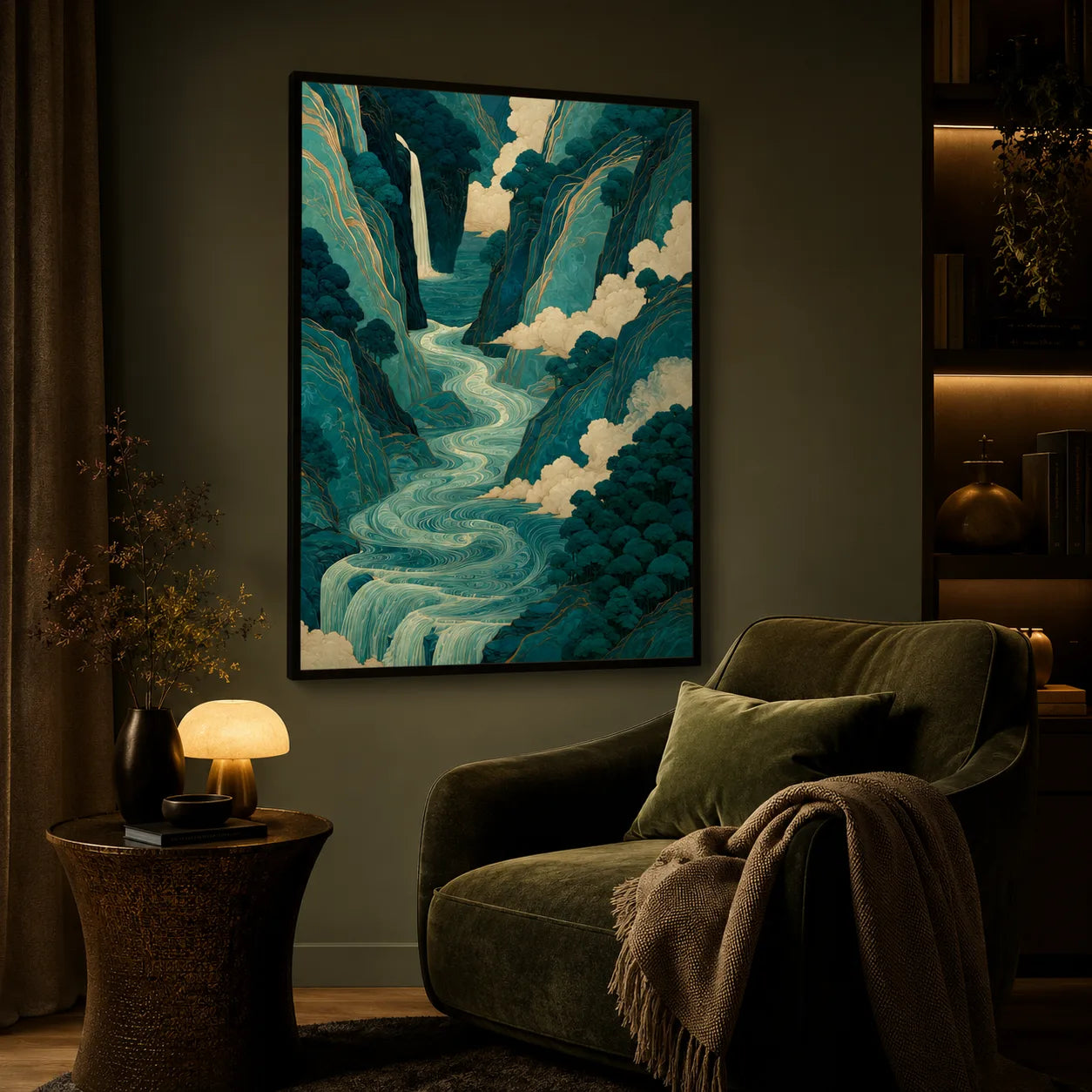 Teal Mountain Waterfall Wall Art Decor - Wall Art Decor - lifestyle