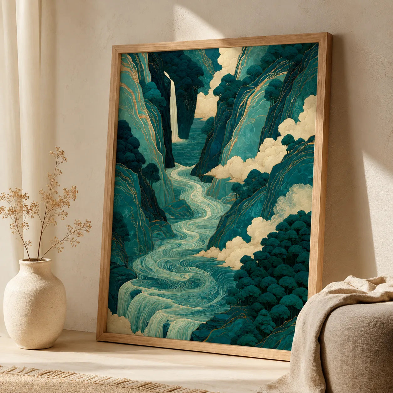 Teal Mountain Waterfall Wall Art Decor - Wall Art Decor - side view