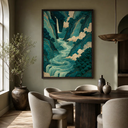 Teal Mountain Waterfall Wall Art Decor - Wall Art Decor - styled