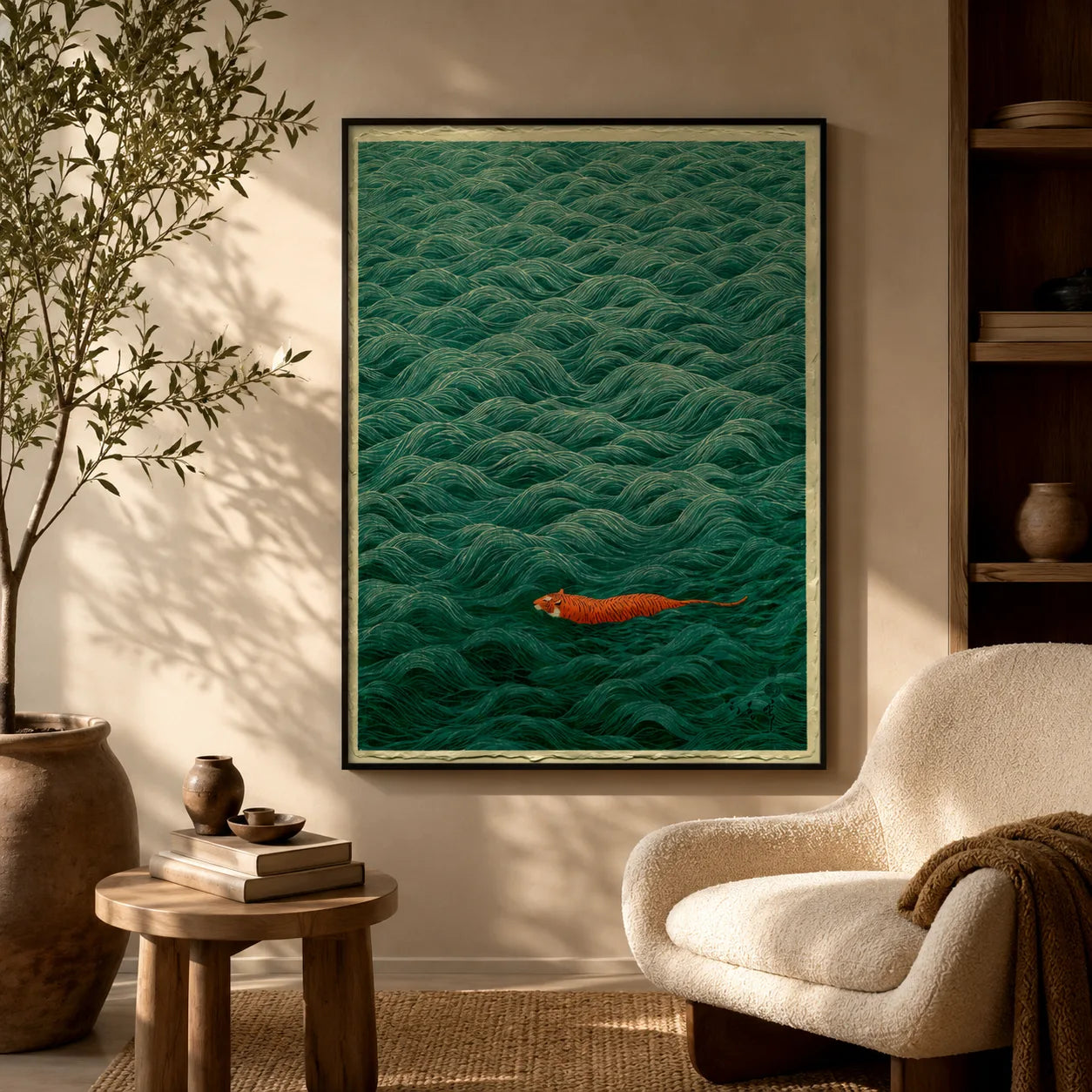 Tiger Swimming Through Waves Wall Art Decor - Wall Art Decor - in use