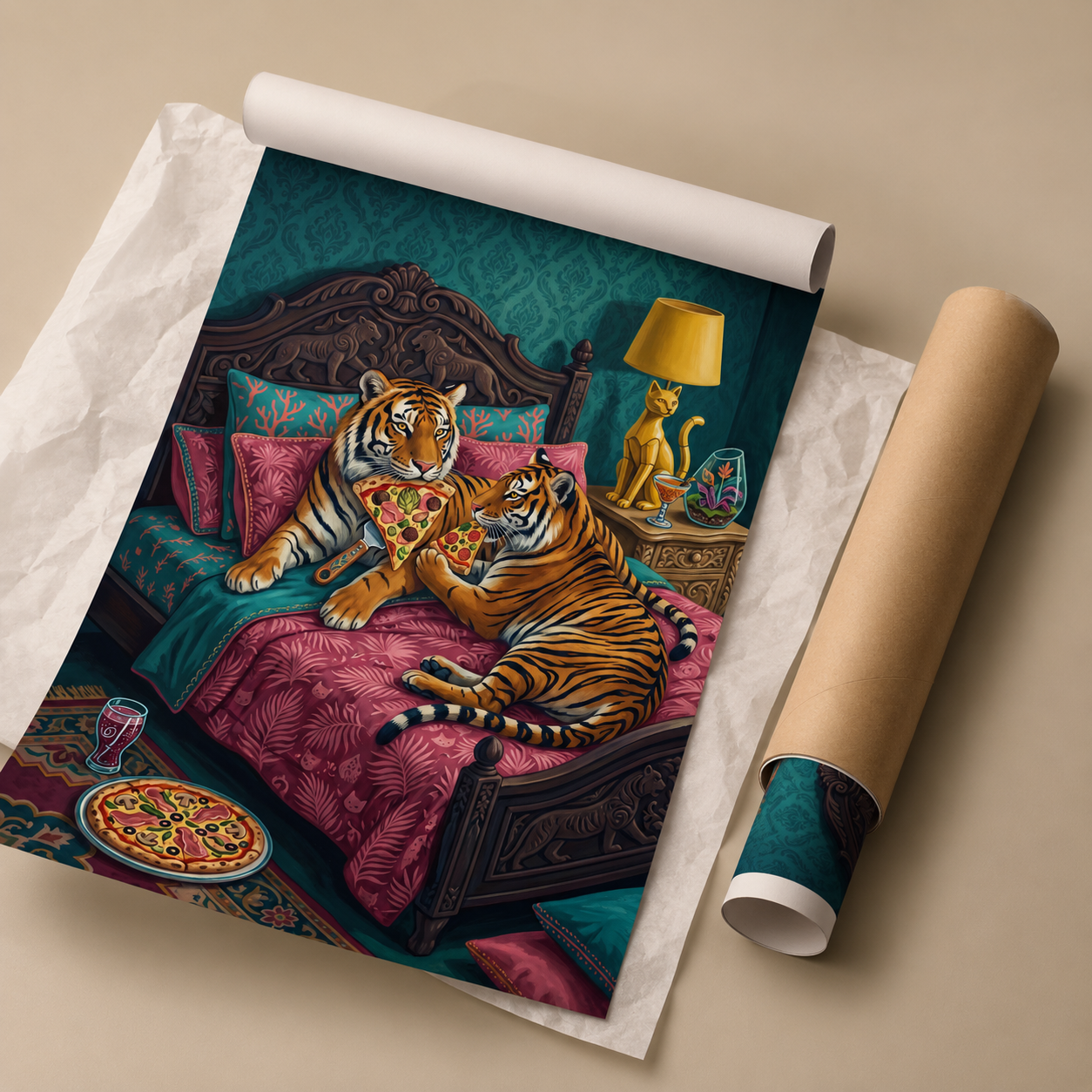 Tigers Eating Pizza in Bed Whimsical Wall Art Decor – preview 10